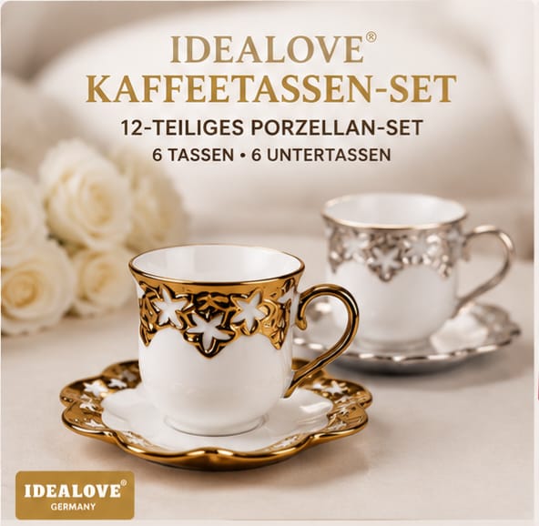 IDEALOVE® Porzellan-Kaffeetassen-Set – 12-teilig