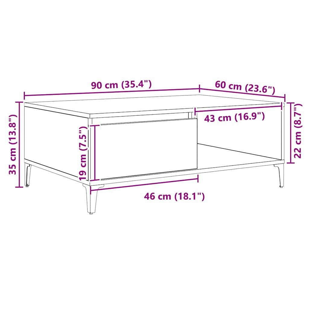 Couchtisch Artisan-Eiche 90 X 60 X 35 Cm Holzwerkstoff