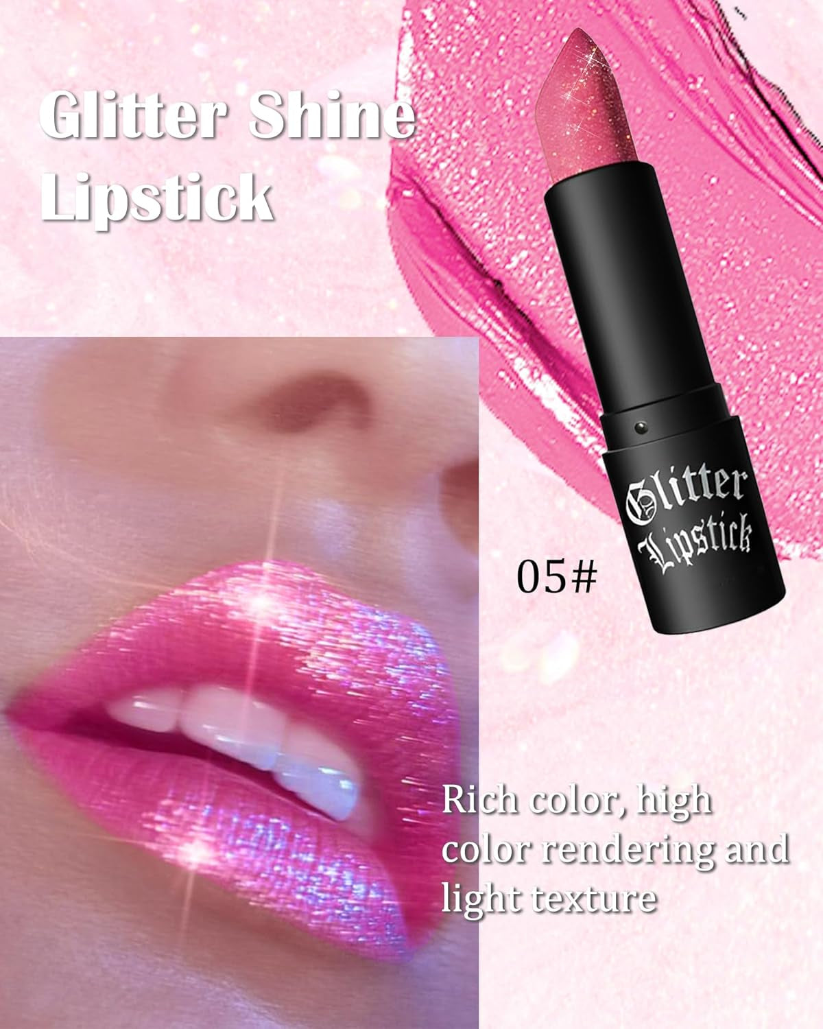 Glitzer-Lippenstift Rose, Diamond Metallic Funkelnder Matt Lippenstift, Wasserdichter Langanhaltender Glitter Lipgloss, Not-Stick Cup Shimmer Lip Tint Lipstick Make-Up, Geschenke Für Frauen-05 Pink